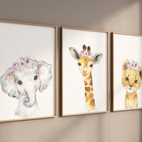 Safari Animals, girl nursery, Animals Prints, Woodland Nursery Decor, Safari Nursery Wall Art, floral animal prints, Pink Safari Animals