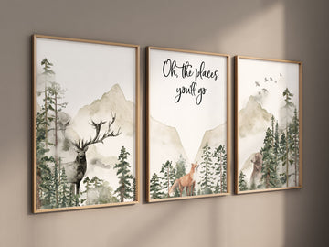 Nursery decor woodland, mountain wall art, tree nursery decor, adventure theme nursery, forest, sage green, beige, woodland animals