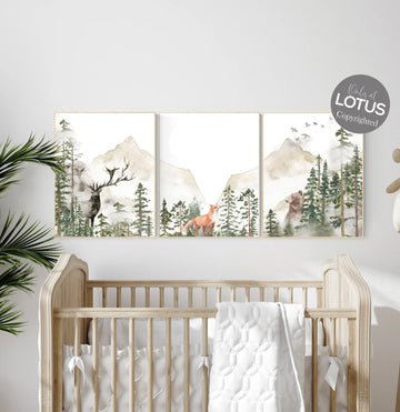 Nursery decor woodland, mountain wall art, tree nursery decor, adventure theme nursery, forest, sage green, beige, woodland animals