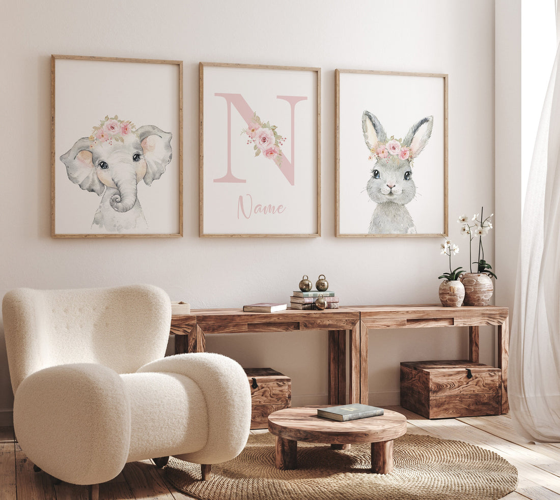 Safari Animals, girl nursery, Animals Prints, Woodland Nursery, elephant nursery, rabbit nursery,  floral animal prints, Pink Safari Animals