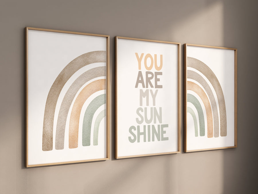 Boho Nursery, rainbow nursery, gender neutral, you are my sunshine, earth colors, rainbow prints, set of 3, boho prints