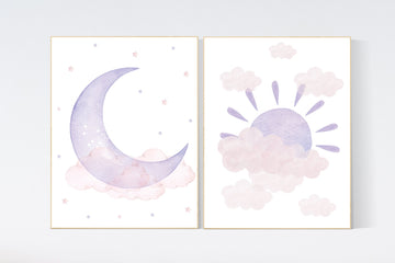 Nursery prints rainbow, pink purple, girl nursery, Nursery decor girl, nursery wall art, pink and purple, rainbow, moon, star, cloud