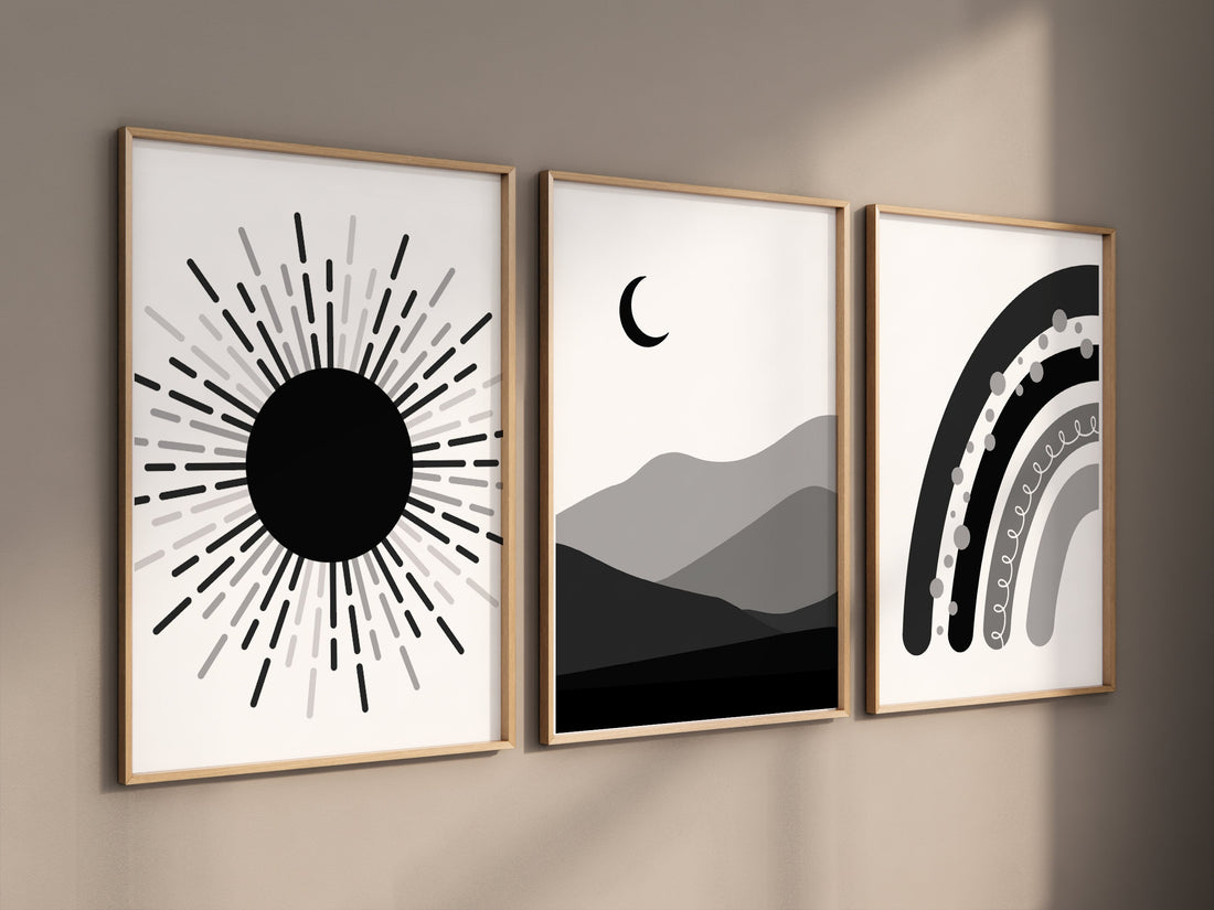 Black and white nursery, Boho Nursery, rainbow nursery, black white, gender neutral, moon nursery, Abstract Art, sun nursery, Mid Century