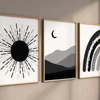 Black and white nursery, Boho Nursery, rainbow nursery, black white, gender neutral, moon nursery, Abstract Art, sun nursery, Mid Century