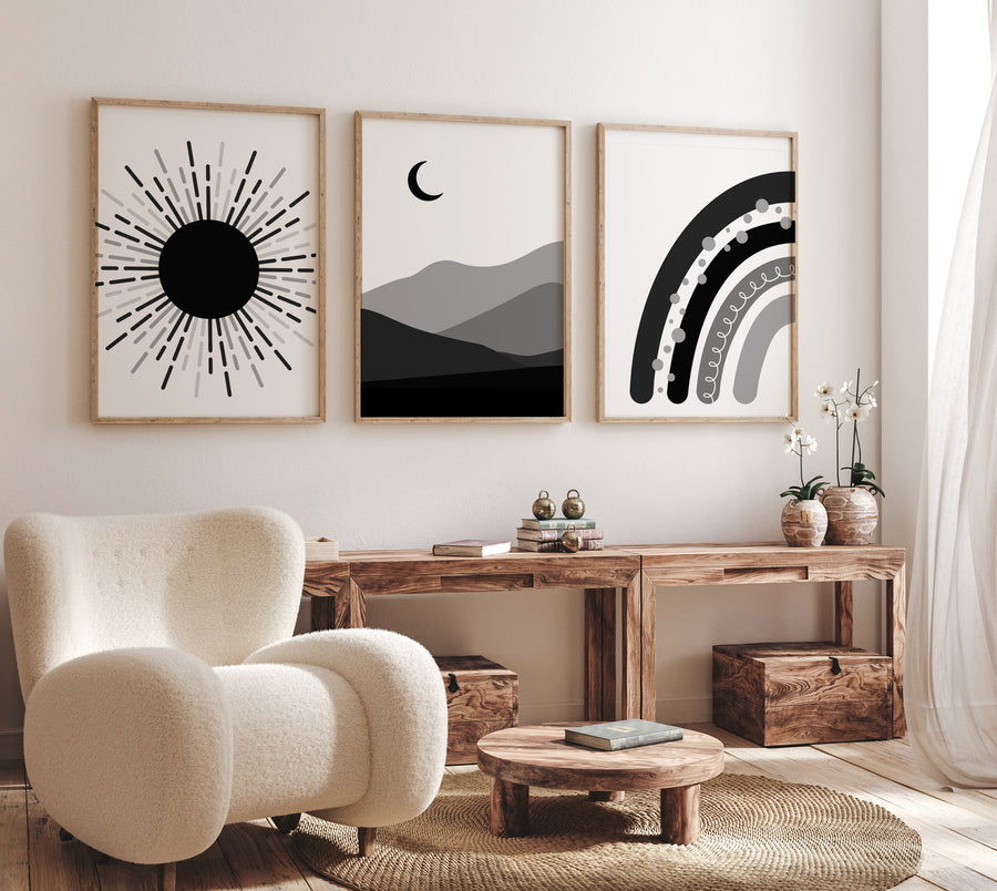 Black and white nursery, Boho Nursery, rainbow nursery, black white, gender neutral, moon nursery, Abstract Art, sun nursery, Mid Century