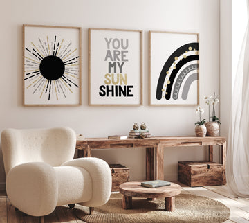 Boho Nursery, rainbow nursery, black and gold, black gold, gender neutral, moon nursery, Abstract Art, sun nursery, Mid Century Print