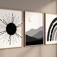 Black and gold, black gold, Boho Nursery, rainbow nursery, gender neutral, moon nursery, Abstract Art, sun nursery, Mid Century Print