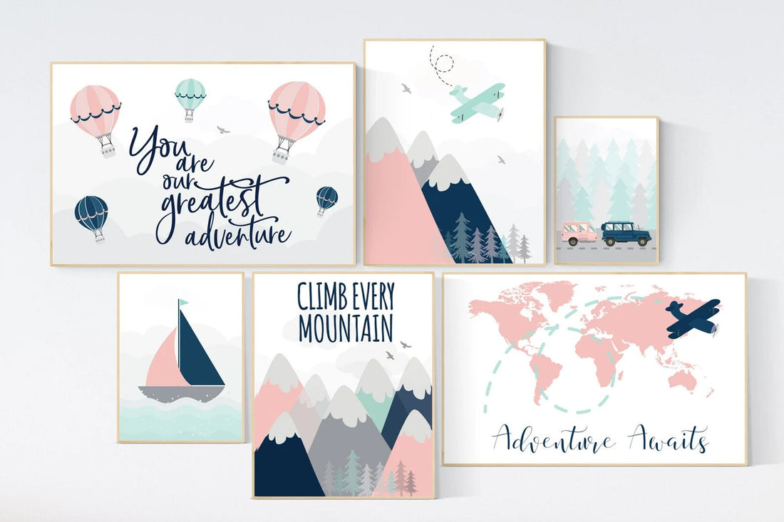 Adventure awaits nursery, Mountain art print set, coral navy mint, Adventure nursery,  coral mint girl, airplane, world map, hot air balloon