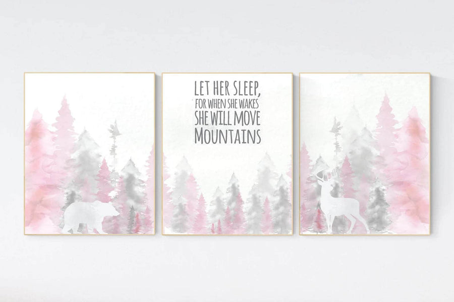 Nursery decor woodland, mountain wall art, tree nursery decor, adventure theme nursery, forest, pink and gray, woodland animals, pink gray