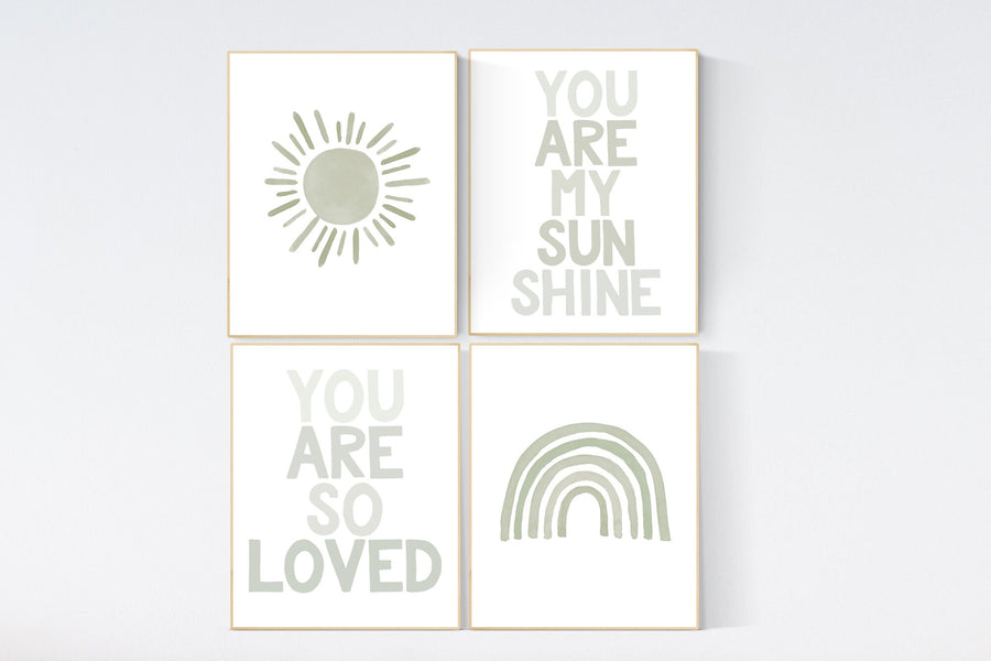 Gender neutral nursery, rainbow nursery, sage green nursery wall decor, nursery decor neutral, rainbow nursery, you are my sunshine, green