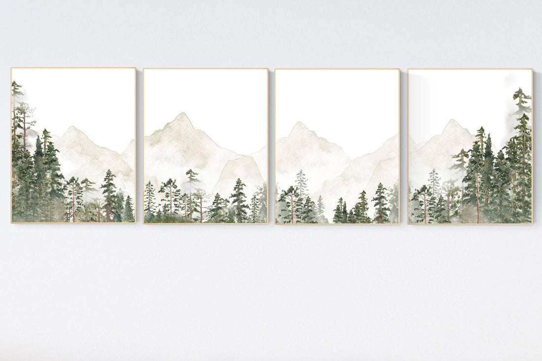 Nursery decor mountain, nursery wall art, tree nursery decor, adventure theme nursery, forest, sage green, beige, woodland animals