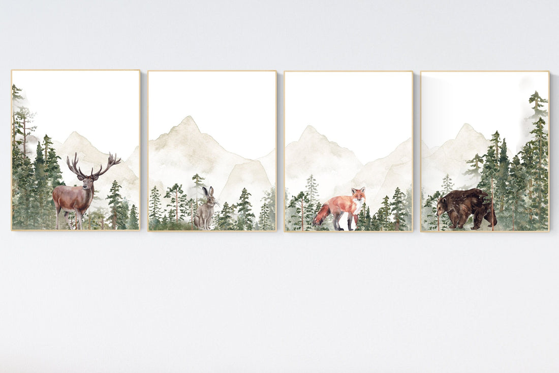 Nursery decor mountain, nursery wall art, tree nursery decor, adventure theme nursery, forest, sage green, beige, woodland animals