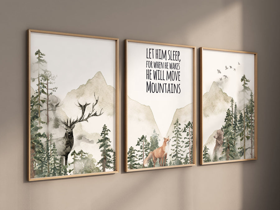 Nursery decor woodland, mountain wall art, tree nursery decor, adventure theme nursery, forest, sage green, beige, woodland animals