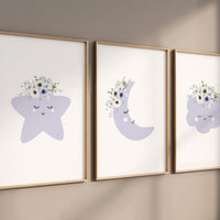 Purple nursery, Moon wall art, Moon nursery decor, flower nursery, nursery decor girl, star print, cloud print, girls room decor, floral