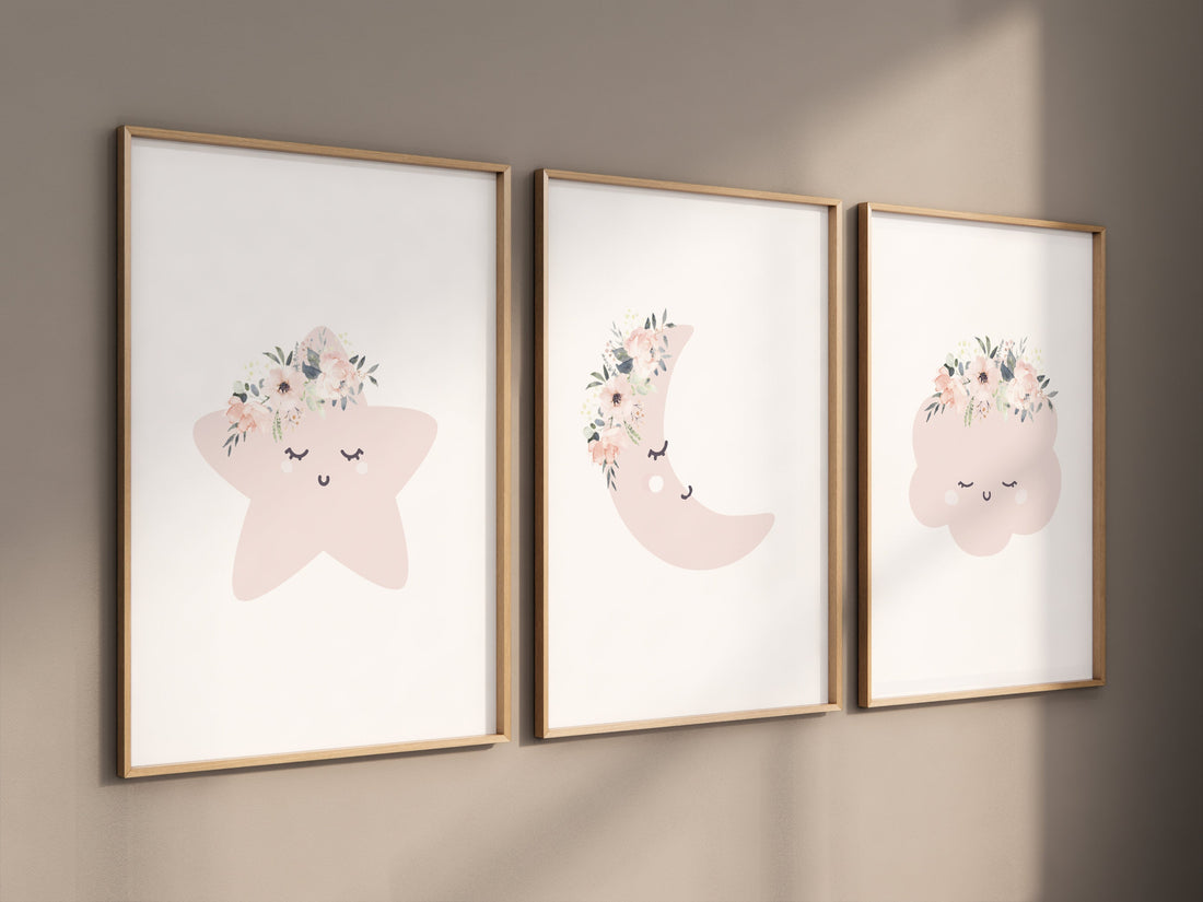 Moon nursery decor, blush pink nursery, flower nursery, nursery decor girl, star print, cloud print, girls room decor, blush nursery