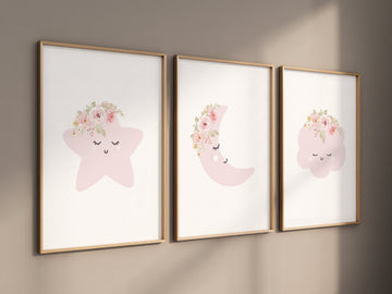 Moon nursery decor, baby pink nursery, flower nursery, nursery decor girl, star print, cloud print, girls room decor, pink nursery