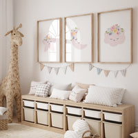 Moon nursery decor, baby pink nursery, flower nursery, nursery decor girl, star print, cloud print, girls room decor, pink nursery