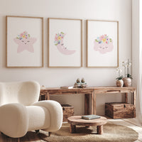 Moon nursery decor, baby pink nursery, flower nursery, nursery decor girl, star print, cloud print, girls room decor, pink nursery