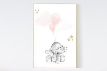Nursery wall art girl, Blush pink nursery decor, blush gold nursery, nursery decor elephant, peach nursery, blush nursery, animal balloon