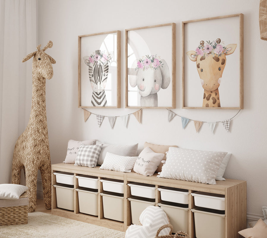 Safari Animals, girl nursery, Animals Prints, Woodland Nursery Decor, Safari Nursery Wall Art, floral animal prints, Pink Safari Animals