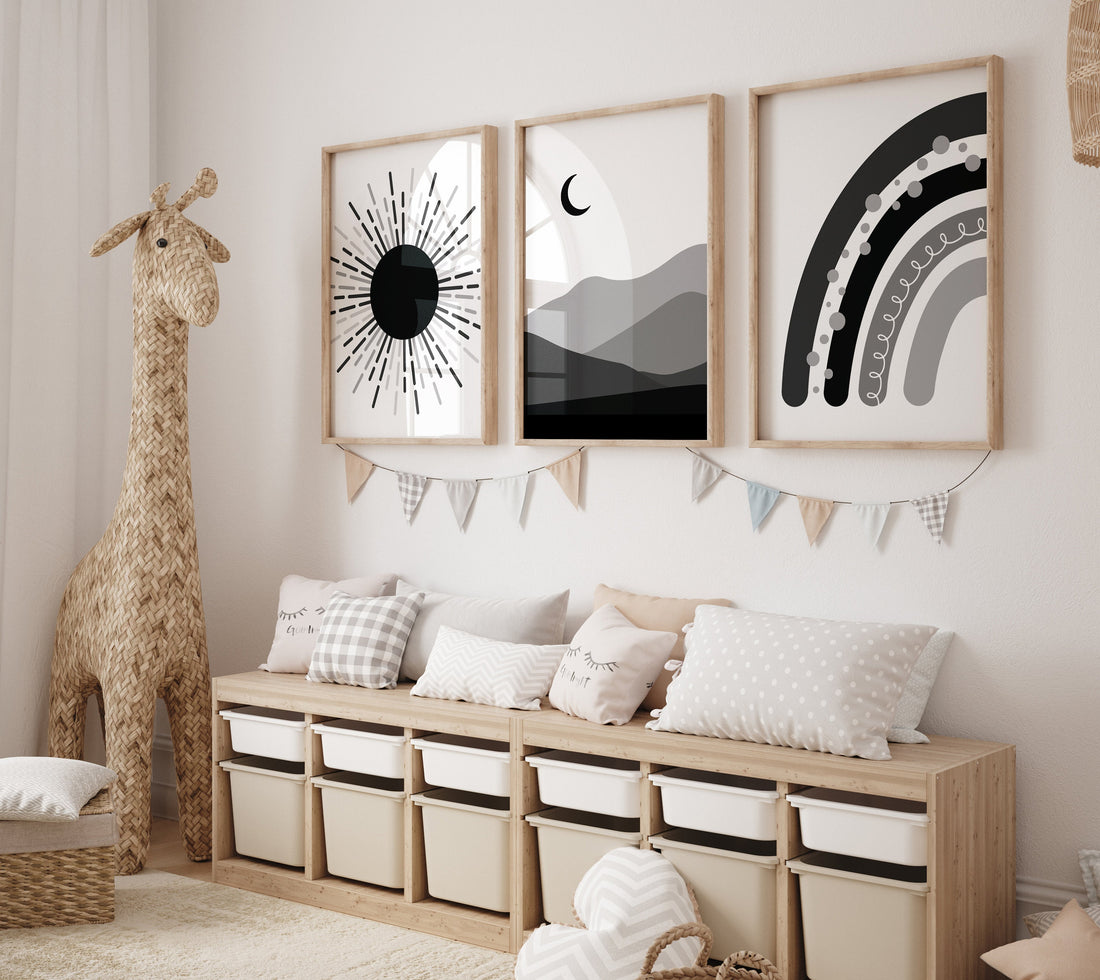 Black and white nursery, Boho Nursery, rainbow nursery, black white, gender neutral, moon nursery, Abstract Art, sun nursery, Mid Century