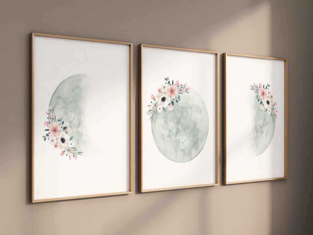 Moon nursery decor, moon print, sage nursery, full moon print, gender neutral, moon nursery, green and gold, moon wall art, nursery prints