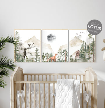 Nursery decor woodland, mountain wall art, tree nursery decor, adventure theme nursery, forest, sage green, beige, woodland animals