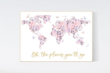 Floral World Map, Girl Nursery Decor, Travel Nursery Art, floral Nursery Print,  blush nursery, Nursery baby girl room, Adventure Awaits