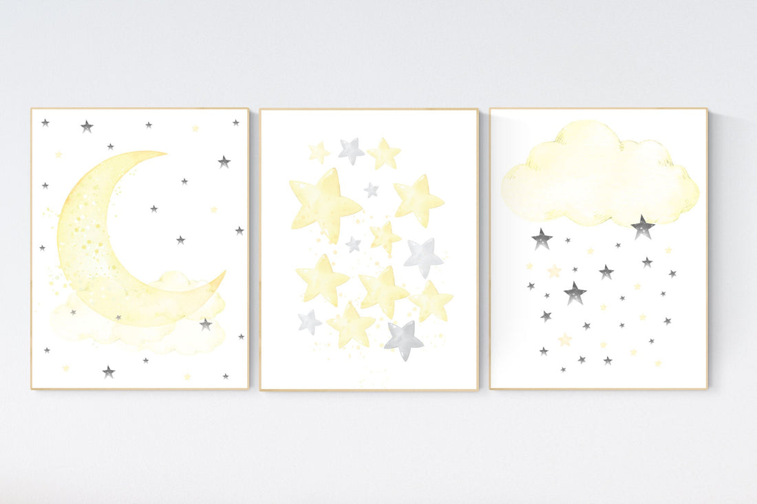 Yellow nursery decor, Yellow gray, yellow grey, moon, cloud and stars nursery, stars nursery, gender neutral, twin nursery