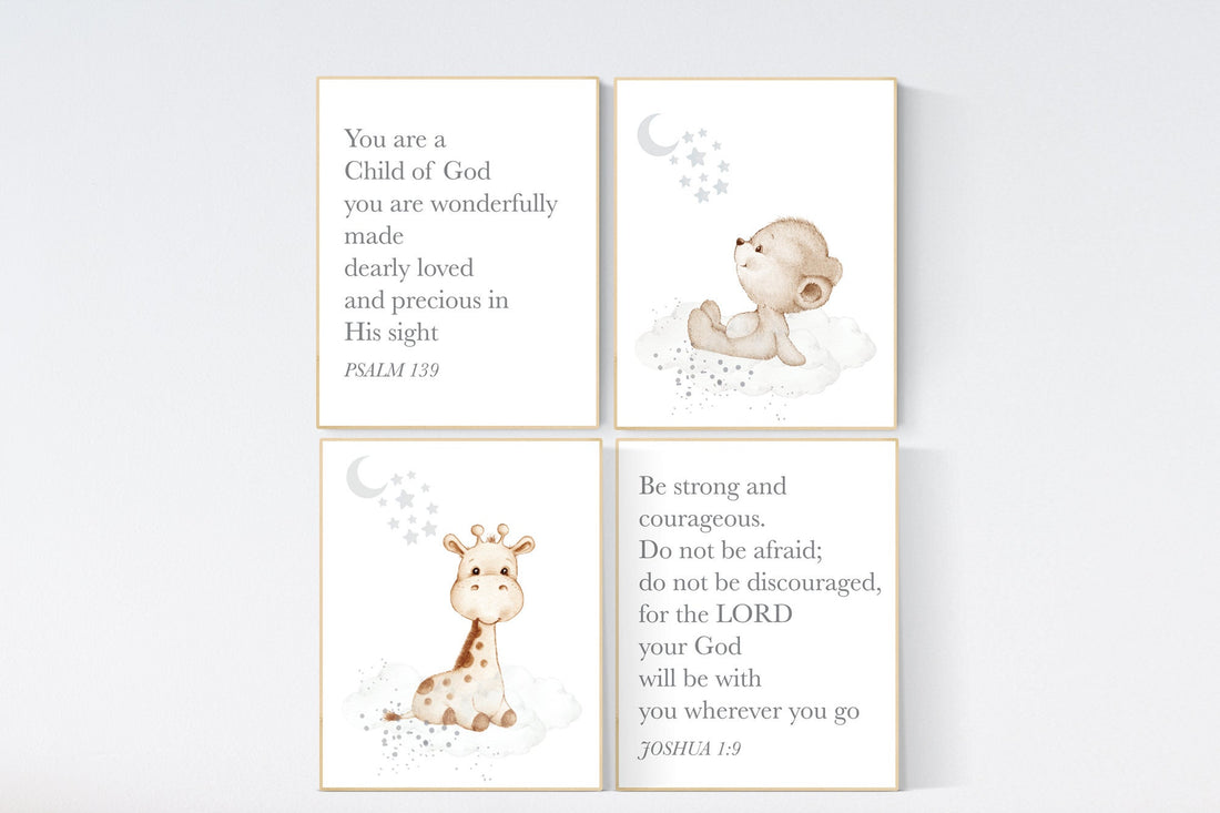 Nursery wall art animals, gray nursery, gender neutral nursery, neutral nursery, baby room decor, bear, giraffe, animal prints, verse prints