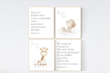 Nursery wall art animals, gray nursery, gender neutral nursery, neutral nursery, baby room decor, bear, giraffe, animal prints, verse prints
