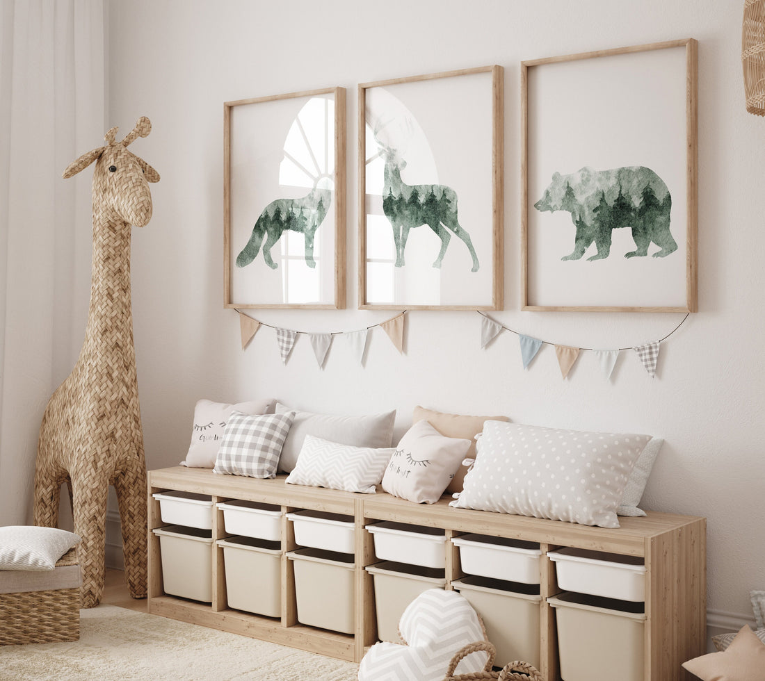 Woodland animals, Nursery decor woodland, animal prints, forest theme, forest nursery decor, sage green, animal silhouettes, tree nursery