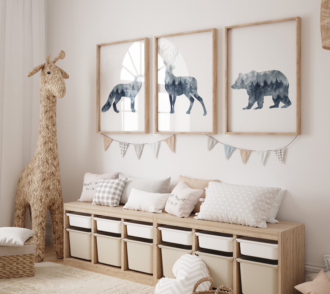 Woodland animals, Nursery decor woodland, navy nursery, animal prints, forest theme, forest nursery decor, animal silhouettes, tree nursery