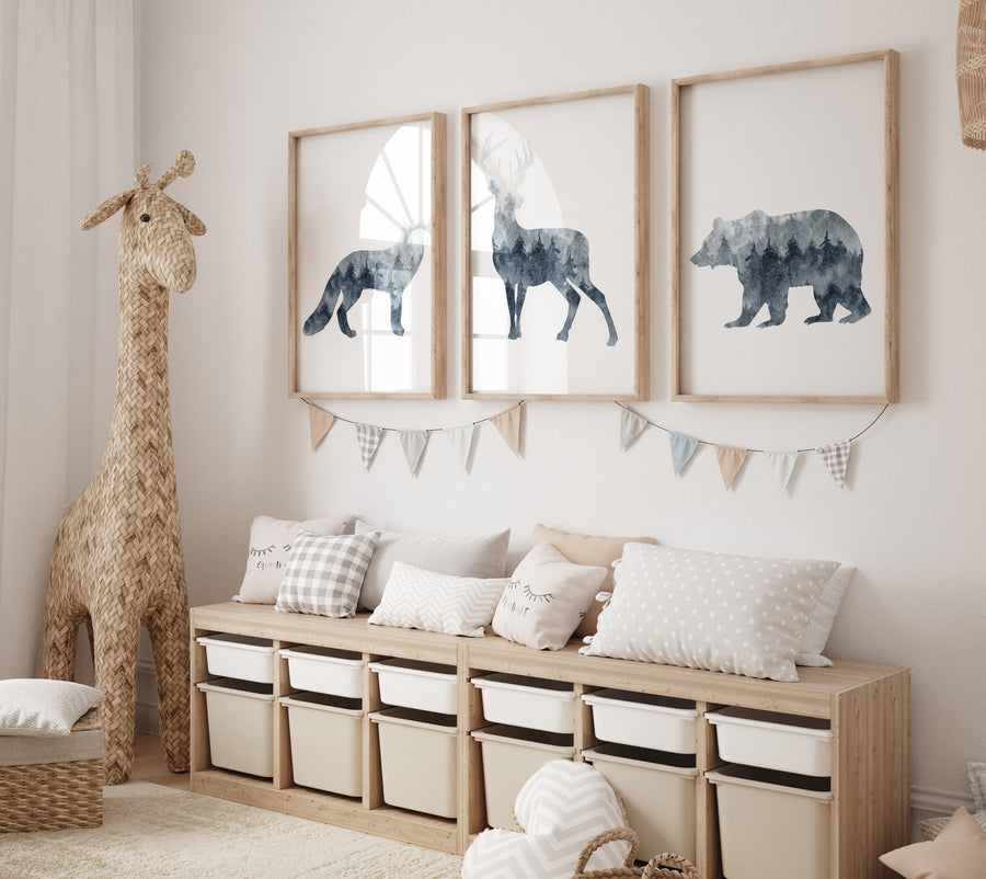 Woodland animals, Nursery decor woodland, navy nursery, animal prints, forest theme, forest nursery decor, animal silhouettes, tree nursery