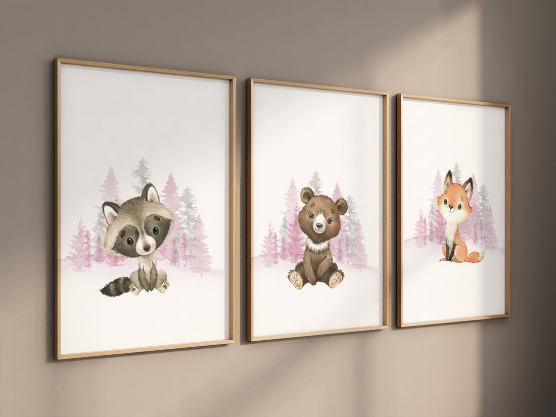 Nursery decor woodland, girl nursery decor, pink nursery, Woodland Nursery Wall Art, Woodland Print Set, animal prints, Woodland Animals