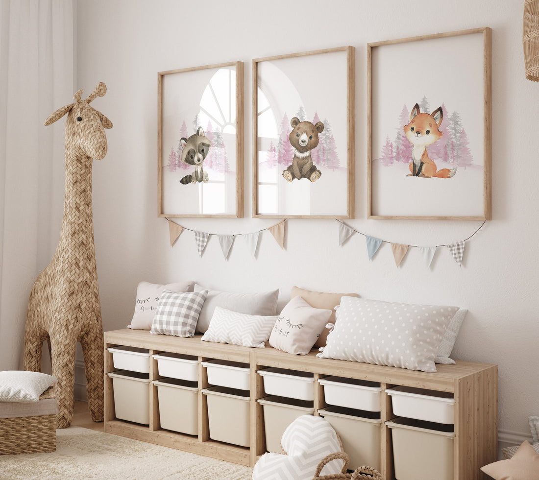 Nursery decor woodland, girl nursery decor, pink nursery, Woodland Nursery Wall Art, Woodland Print Set, animal prints, Woodland Animals