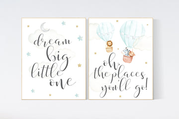 Nursery decor hot air balloon, nursery decor mint, oh the places you'll go, dream big little one, set of 2, mint nursery, mint green nursery