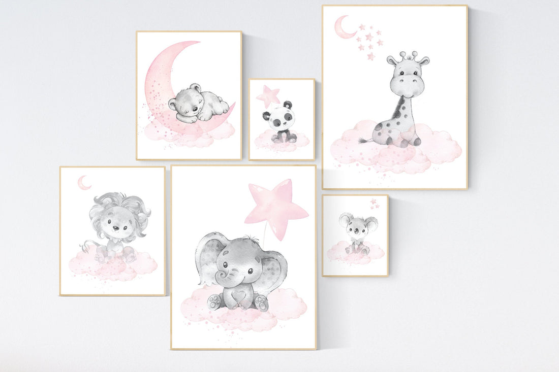 Nursery decor girl woodland, nursery prints set, Nursery decor jungle, nursery prints animal, pink nursery art, elephant giraffe bear lion