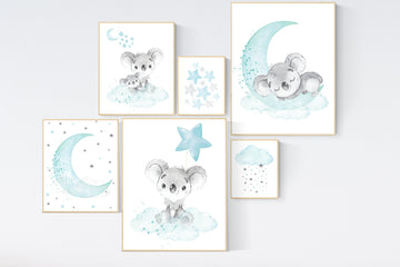 Koala nursery, teal nursery, moon and stars, nursery prints animals, gender neutral nursery, koala mother and baby, animal prints,