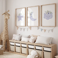 Purple nursery, Moon wall art, Moon nursery decor, flower nursery, nursery decor girl, star print, cloud print, girls room decor, floral