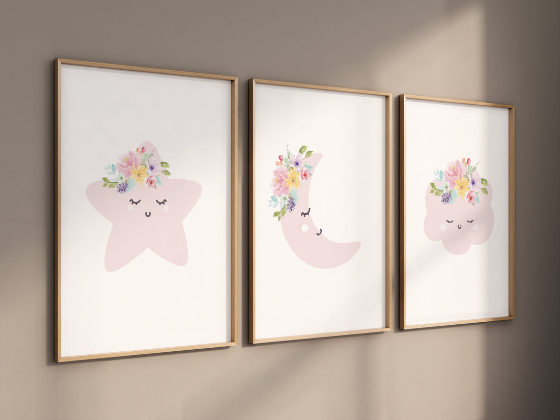 Moon nursery decor, baby pink nursery, flower nursery, nursery decor girl, star print, cloud print, girls room decor, pink nursery