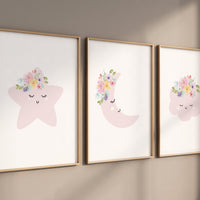 Moon nursery decor, baby pink nursery, flower nursery, nursery decor girl, star print, cloud print, girls room decor, pink nursery