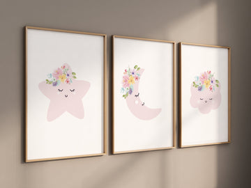 Moon nursery decor, baby pink nursery, flower nursery, nursery decor girl, star print, cloud print, girls room decor, pink nursery