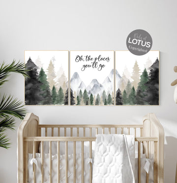 Nursery decor woodland, mountain wall art, tree nursery decor, adventure theme nursery, forest, sage green, beige, woodland animals