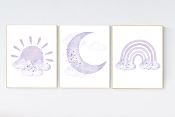 Nursery prints rainbow, Nursery decor girl, nursery wall art, purple, lavender, moon star, cloud, nursery wall art, rainbow, lilac, girls