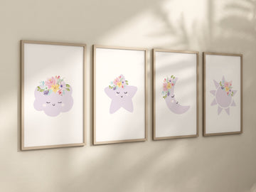 Purple nursery, Moon wall art, Moon nursery decor, flower nursery, nursery decor girl, lilac nursery, cloud print, girls room decor, floral