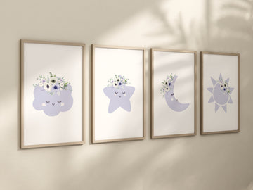 Purple nursery, Moon wall art, Moon nursery decor, flower nursery, nursery decor girl, lilac nursery, cloud print, girls room decor, floral