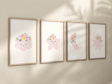 Moon nursery decor, baby pink nursery, flower nursery, nursery decor girl, star print, cloud print, girls room decor, pink nursery