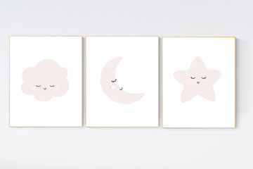 Moon nursery decor, baby pink nursery, nursery decor girl, star print, cloud print, girls room decor, blush pink nursery, blush pink