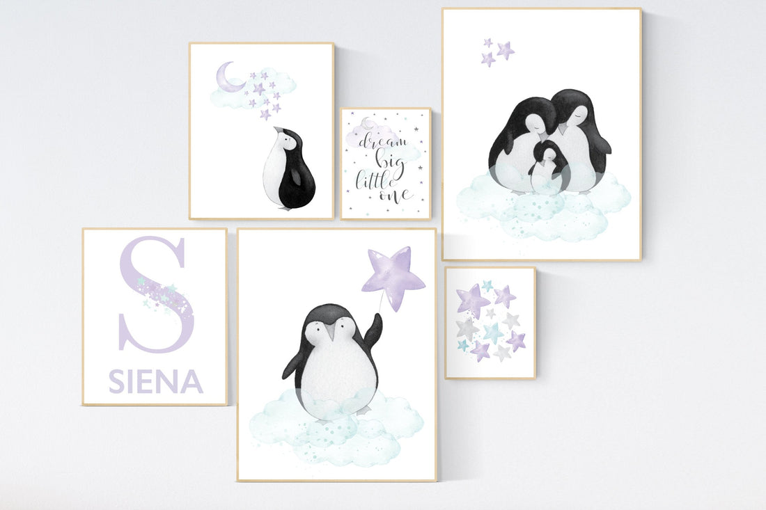Nursery decor girl penguin, purple nursery, penguins, penguin nursery, nursery wall art, girl&